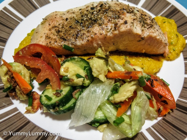 #Dinner is salmon on a smear of pumpkin cauliflower mash with a green salad